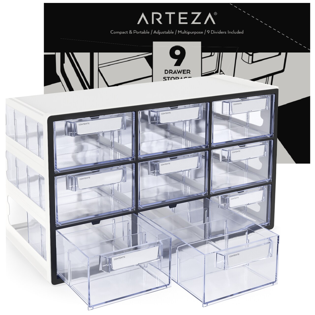 Arteza 9-Drawer Multipurpose Semi-Clear Storage Cabinet in Gray